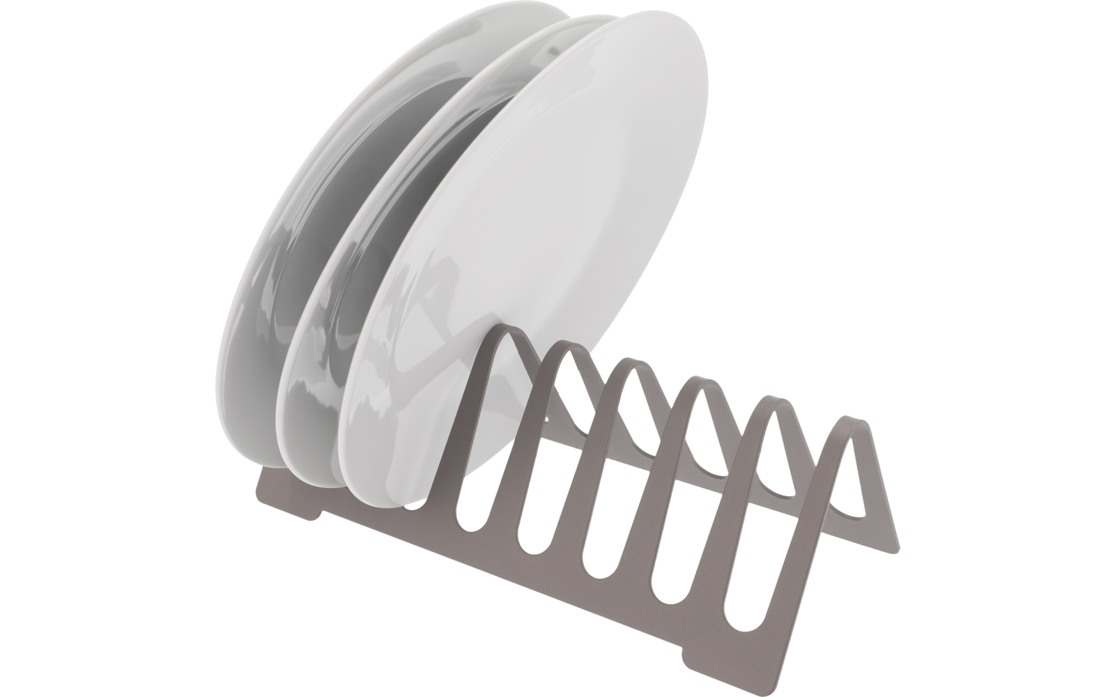 Grauer Tellerhalter mit drei weißen Tellern, aufrecht stehend