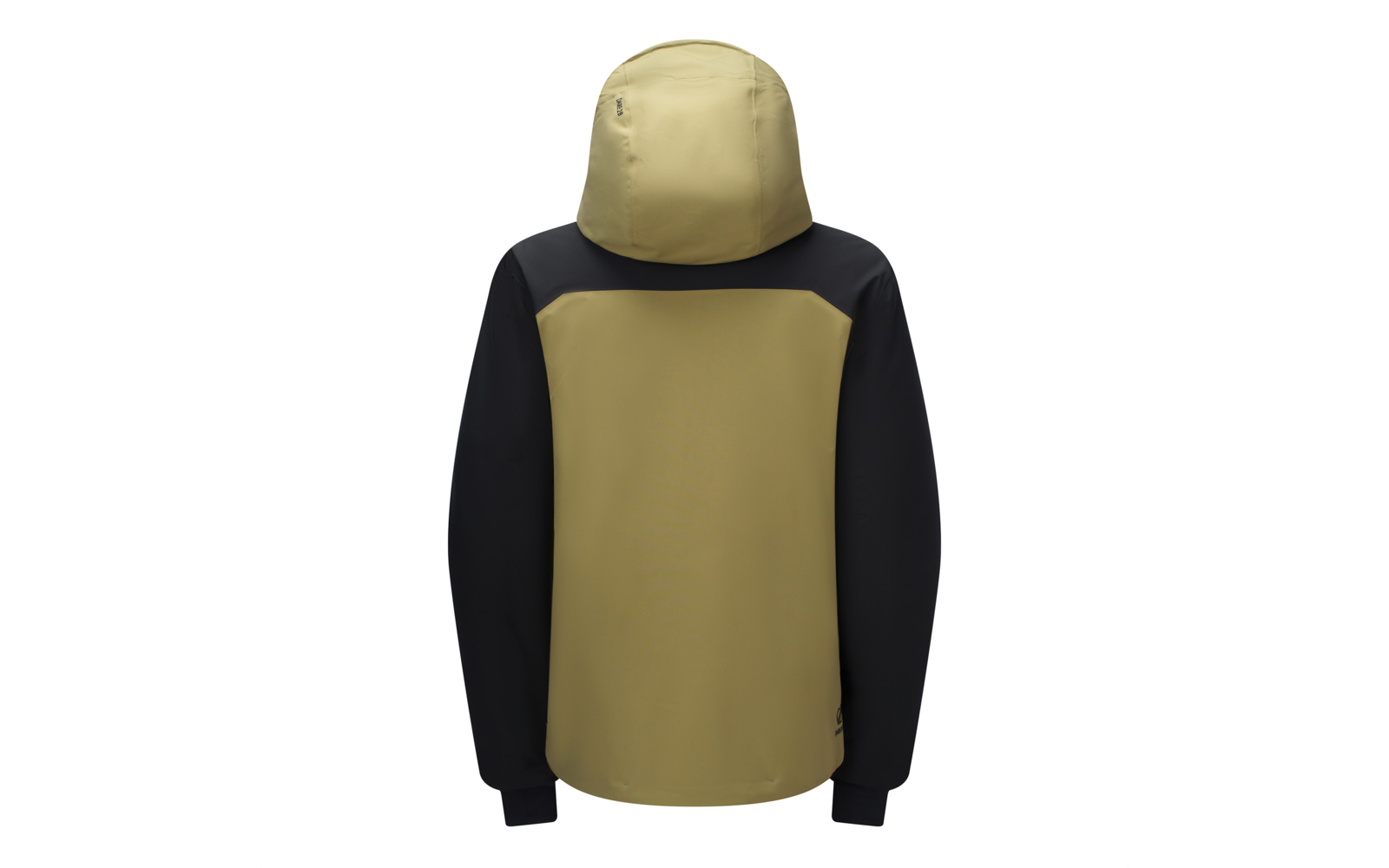 Rückenansicht einer zweifarbigen Kapuzenjacke in Khaki-Gelb und Schwarz, angenähte Kapuze, lange Ärmel und Bündchen