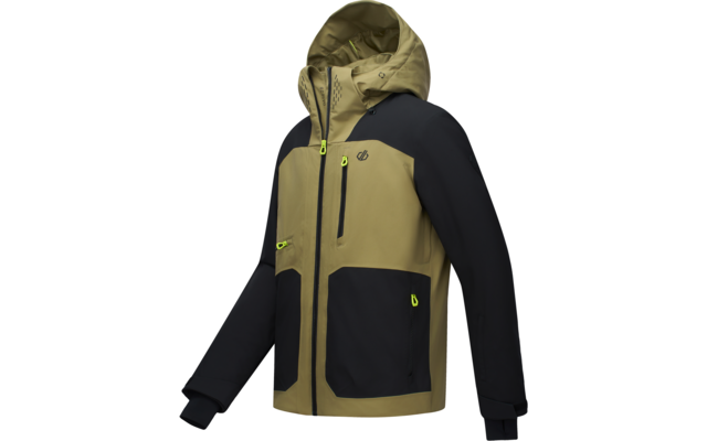 Kapuzensjacke, olivgrün mit schwarzen Einsätzen, durchgehender Frontreißverschluss, Brusttasche und zwei Fronttaschen mit Reißverschluss, gelbe Reißverschlussanhänger, lange Ärmel