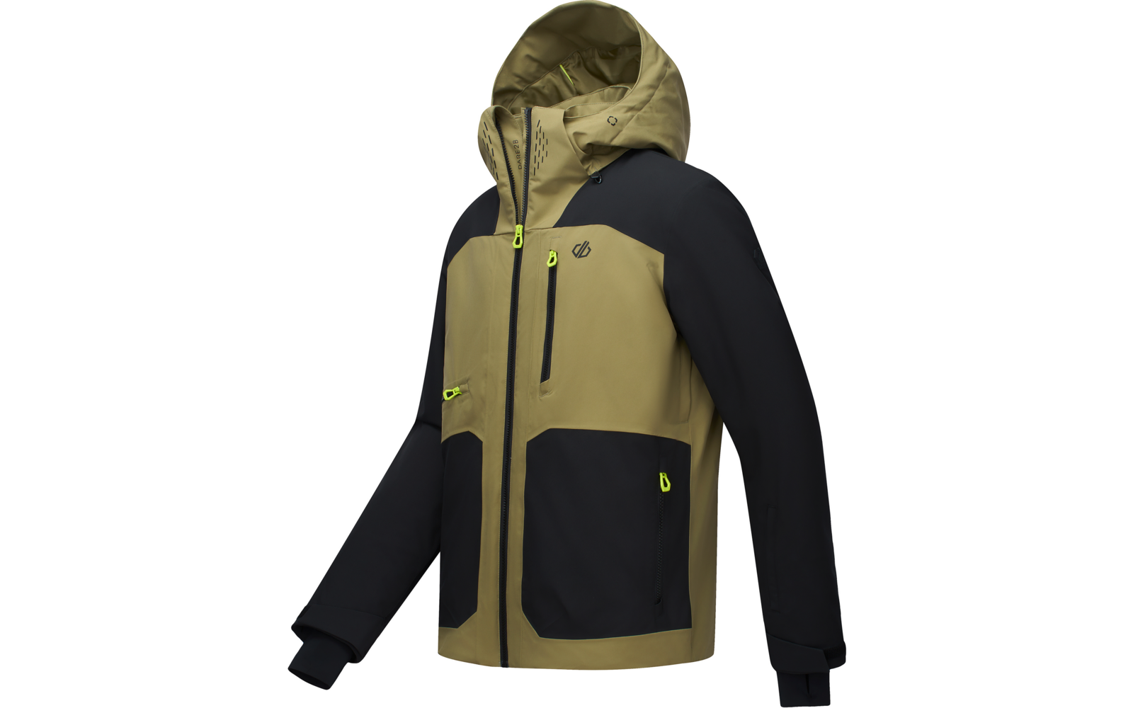 Kapuzensjacke, olivgrün mit schwarzen Einsätzen, durchgehender Frontreißverschluss, Brusttasche und zwei Fronttaschen mit Reißverschluss, gelbe Reißverschlussanhänger, lange Ärmel