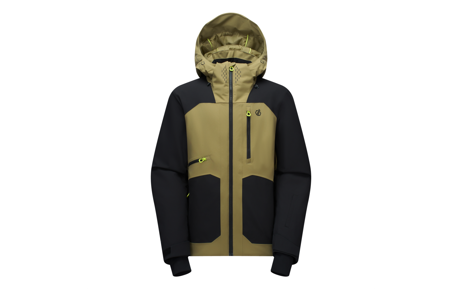 Frontansicht einer zweifarbigen Jacke (olivgrün und schwarz) mit Kapuze, mittigem Reißverschluss, vertikaler Brusttasche, zwei Fronttaschen und neongrünen Reißverschlussanhängern