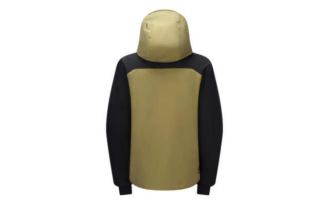 Rückenansicht einer zweifarbigen Kapuzenjacke in Khaki-Gelb und Schwarz, angenähte Kapuze, lange Ärmel und Bündchen