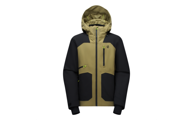 Frontansicht einer zweifarbigen Jacke (olivgrün und schwarz) mit Kapuze, mittigem Reißverschluss, vertikaler Brusttasche, zwei Fronttaschen und neongrünen Reißverschlussanhängern