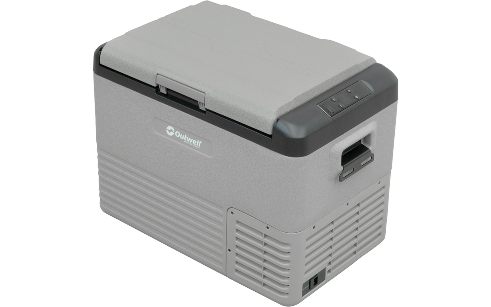 Glacière électrique portable gris clair avec couvercle gris foncé, poignée latérale, grilles de ventilation et logo Outwell visible