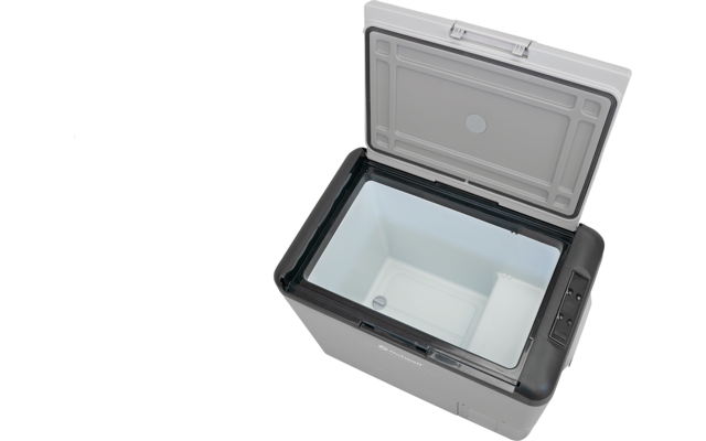 Glacière grise ouverte avec intérieur blanc vide