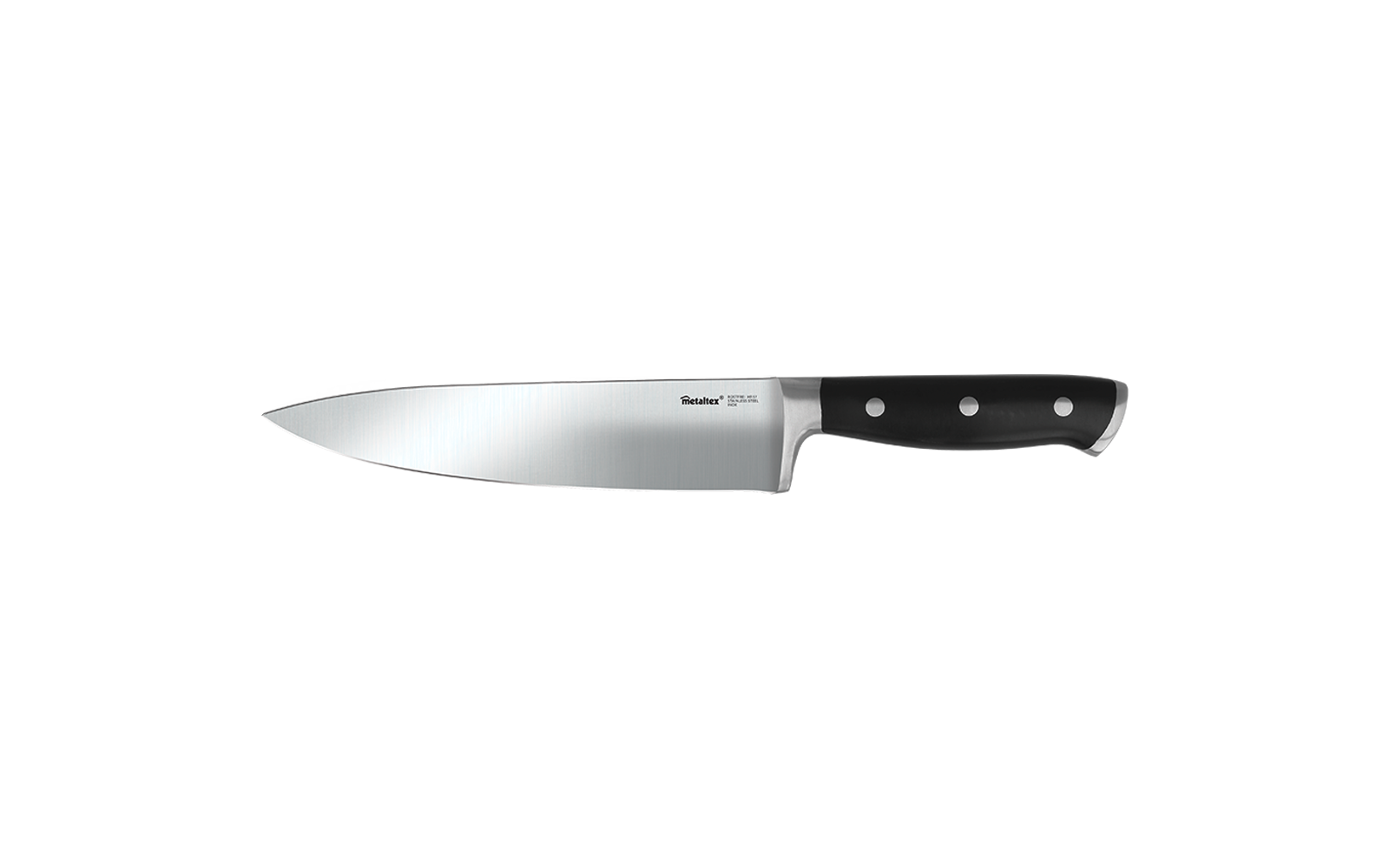 Ein Küchenmesser mit schwarzem Griff und Edelstahlklinge