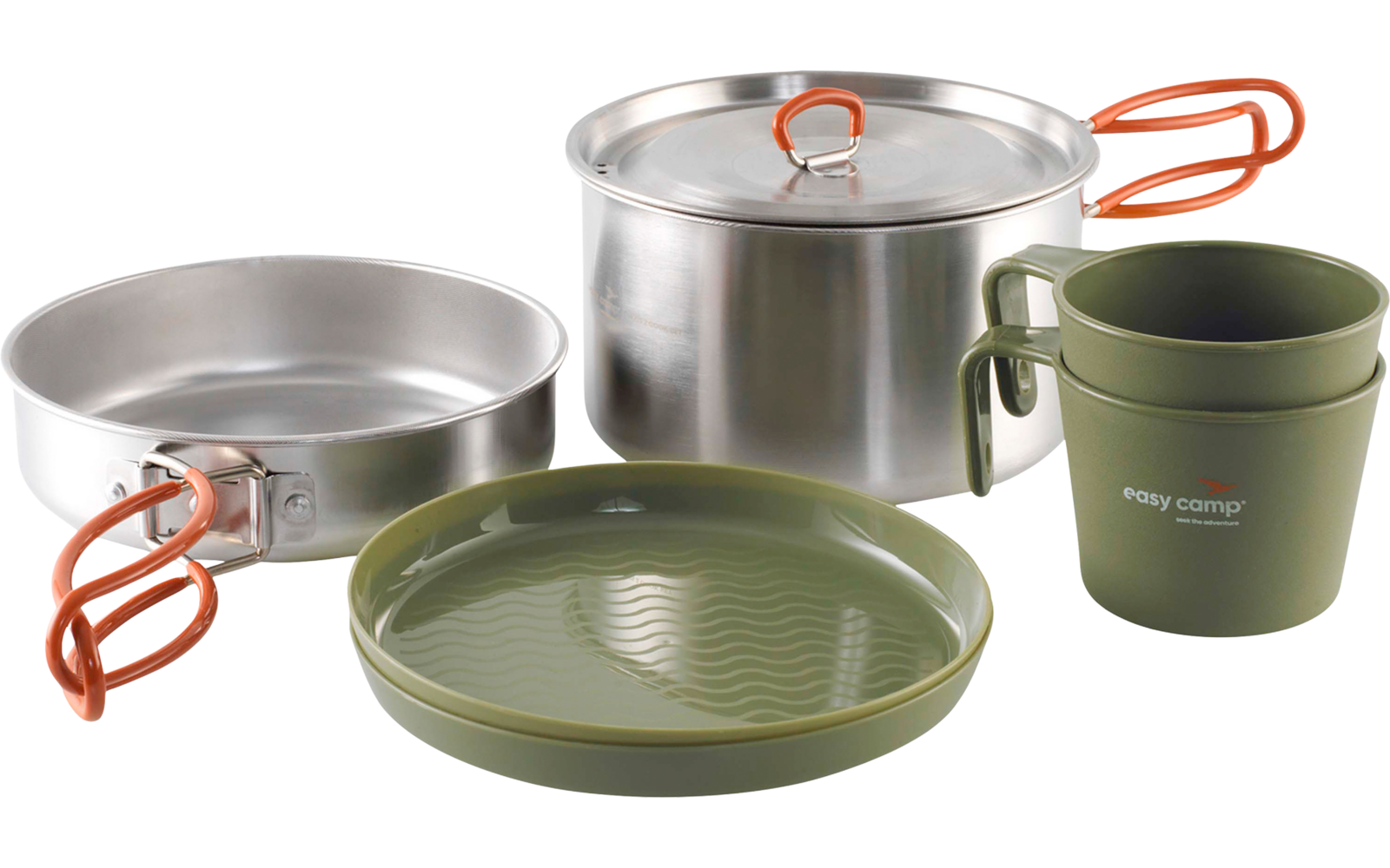 Edelstahltopf mit Deckel und orangefarbenen klappbaren Griffen, Edelstahlpfanne mit orangefarbenen klappbaren Griffen, grüner Kunststoffbecher mit Henkel, grüner Kunststoffteller mit geriffelter Oberfläche