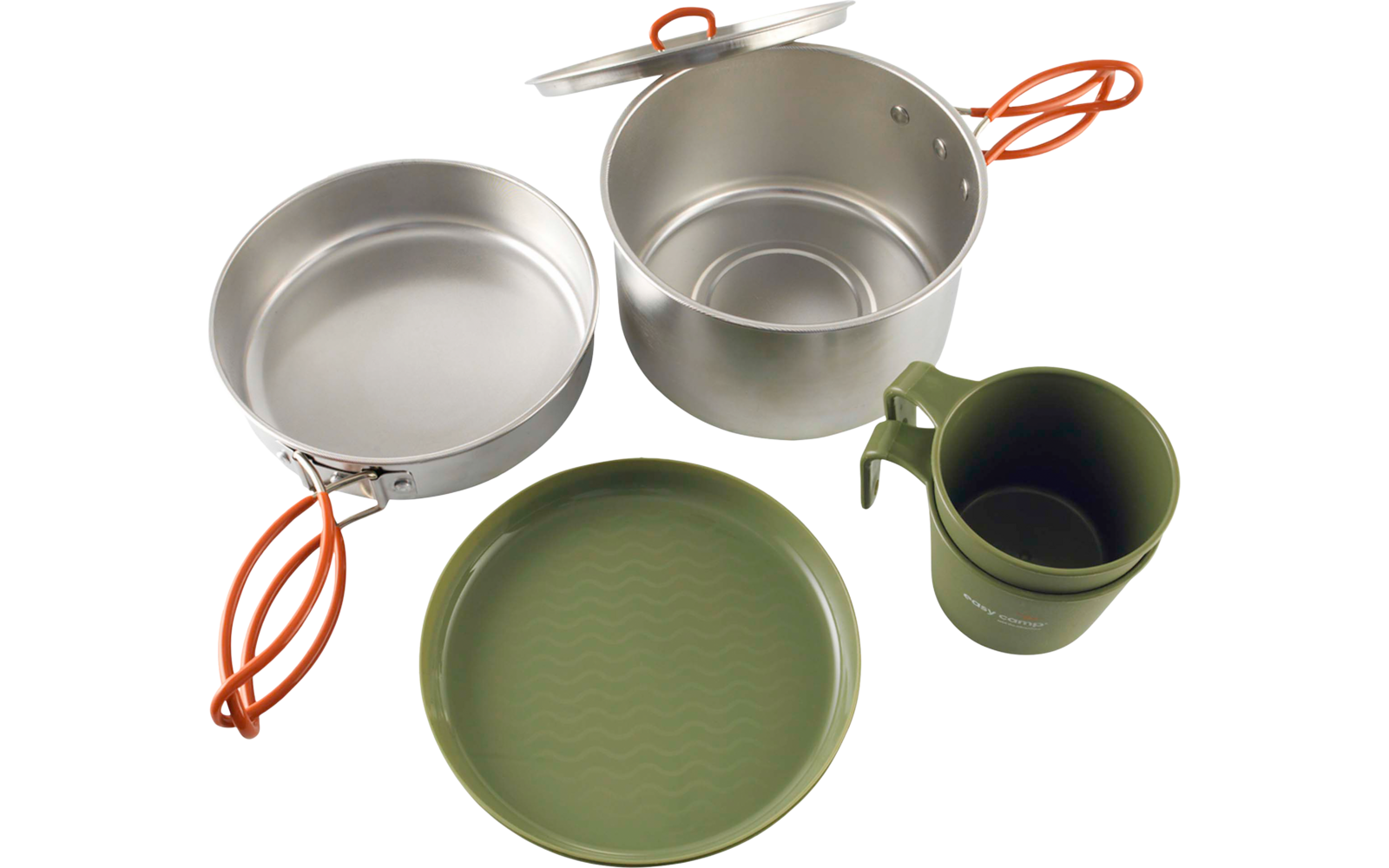 Silberner Metalltopf mit Deckel, silberne Metallpfanne mit orangefarbenen klappbaren Griffen, grüner Teller und grüner Becher