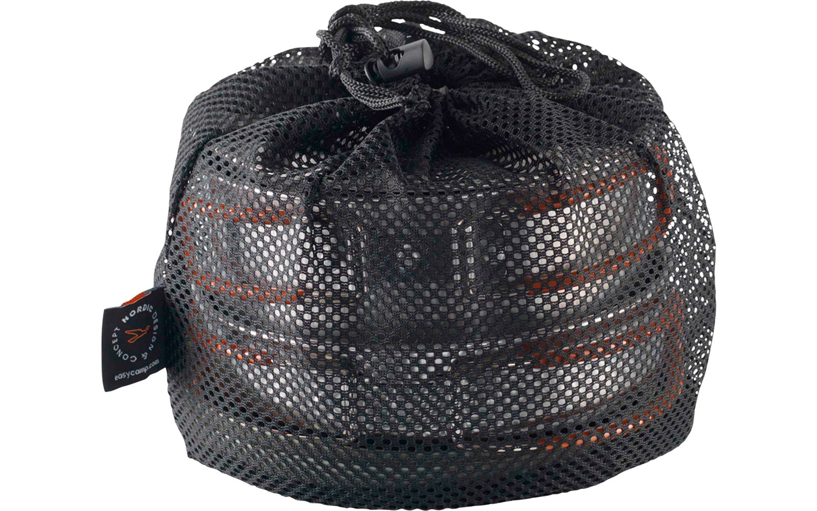 Schwarzer Netzbeutel mit Kordel, darin gestapelte silberne runde Metallgefäße mit orangefarbener Umrandung und kleinem Etikett an der Seite