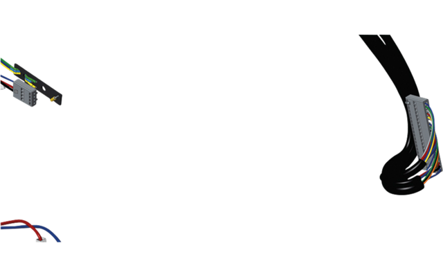 Schwarzes Kabelbündel mit mehreren bunten Adern, zwei zylindrischen silbernen Hülsen und zwei grauen Steckverbindern