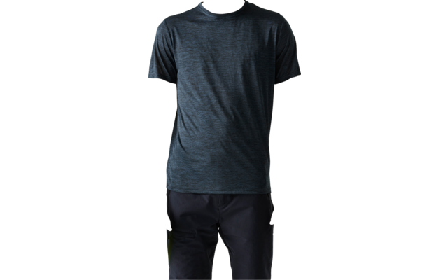 Standing man wearing a dark blue short-sleeve shirt and dark pants, holding a green water bottle against a light background