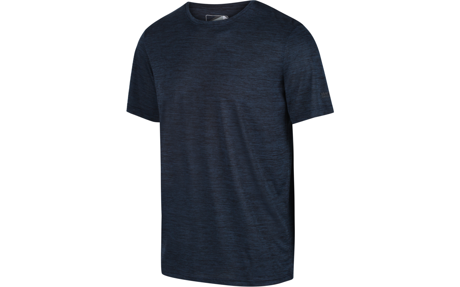 Dunkelblau meliertes T-Shirt mit kurzen Ärmeln und Rundhalsausschnitt auf weißem Hintergrund