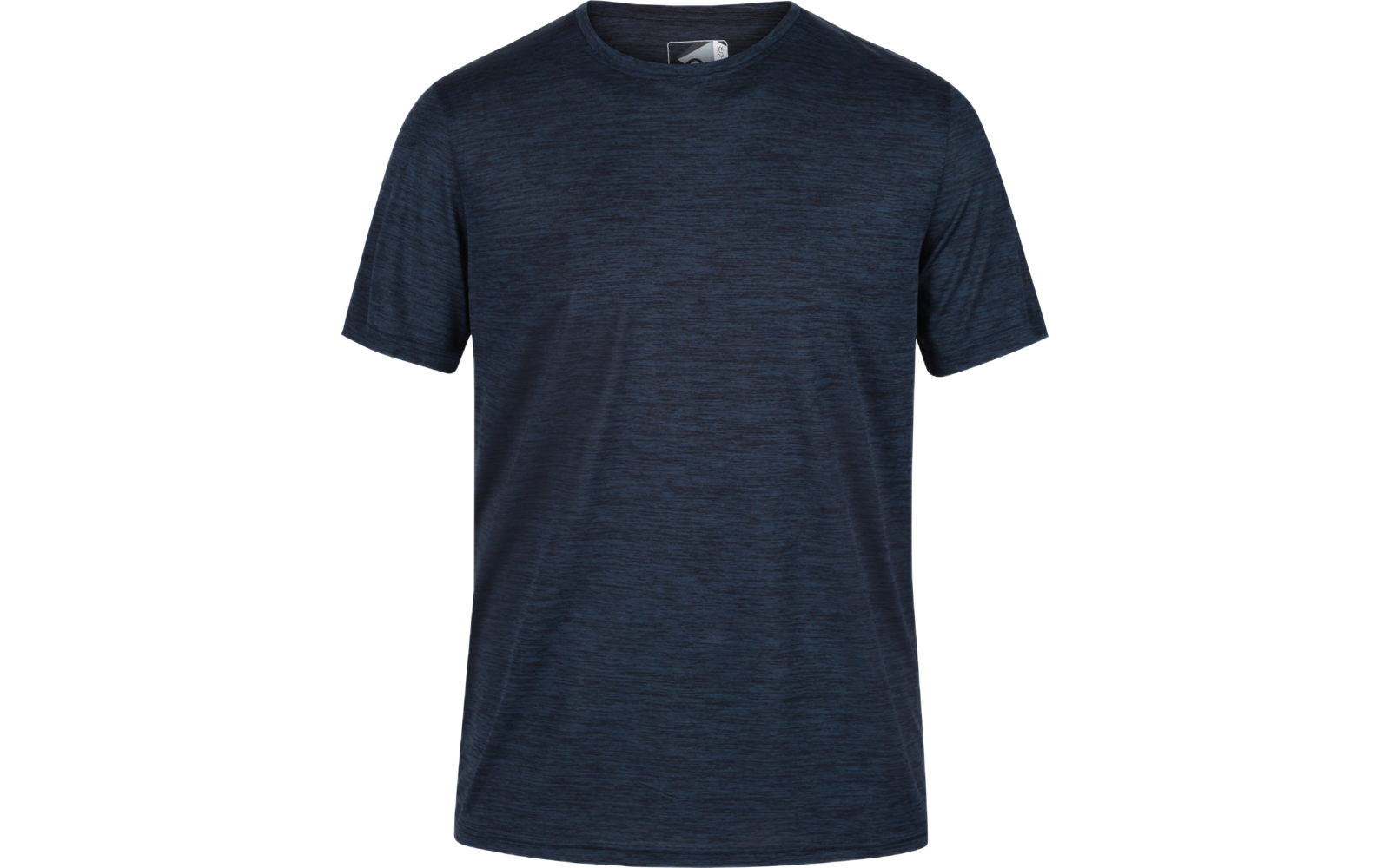Dark blue short-sleeve T-shirt with crew neck and subtle heathered texture on white background