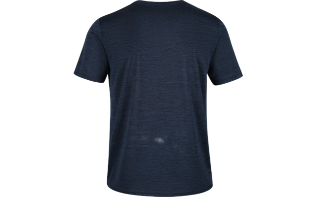 Dark blue short-sleeve T-shirt, back view, on white background