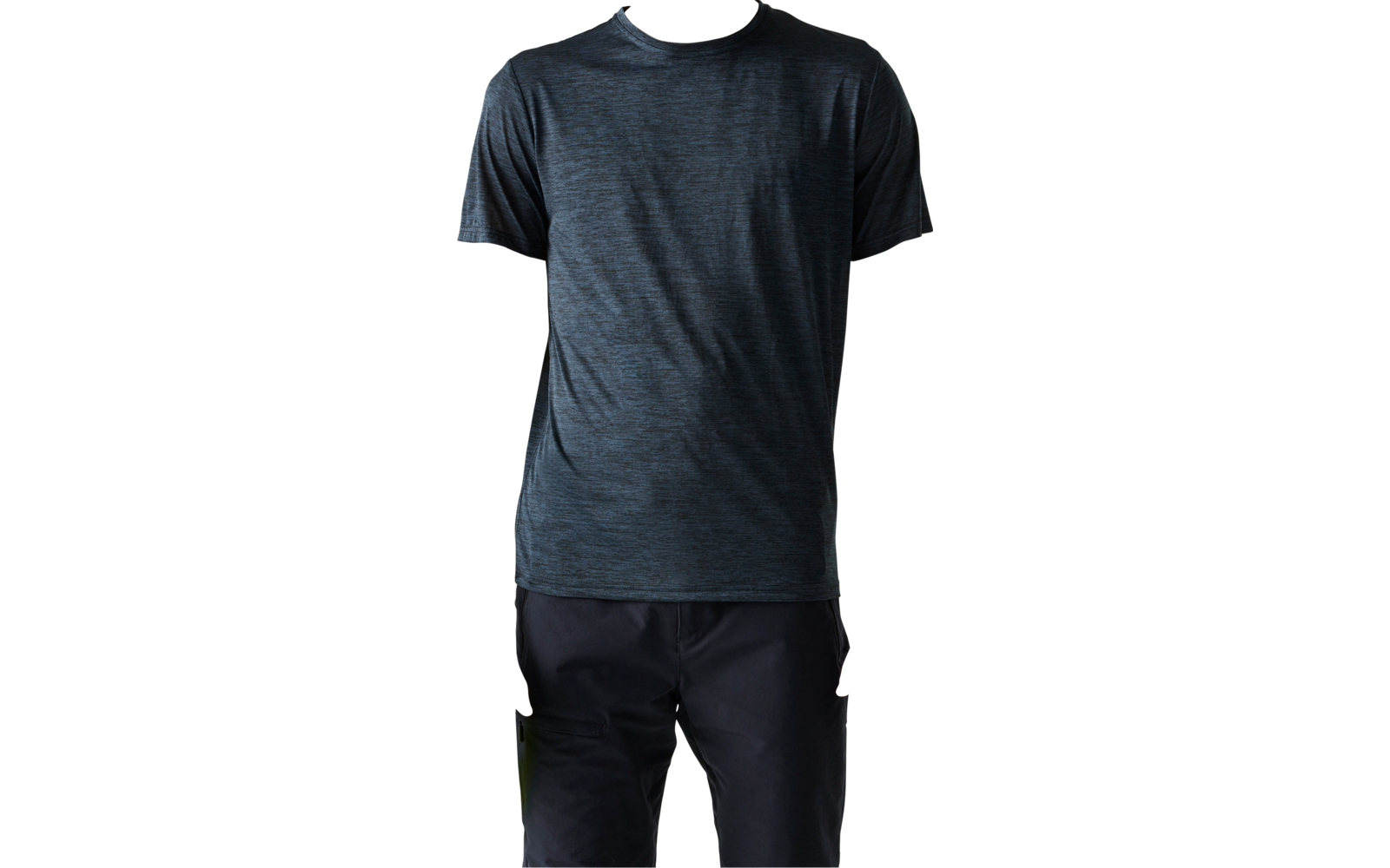 Standing man wearing a dark blue short-sleeve shirt and dark pants, holding a green water bottle against a light background