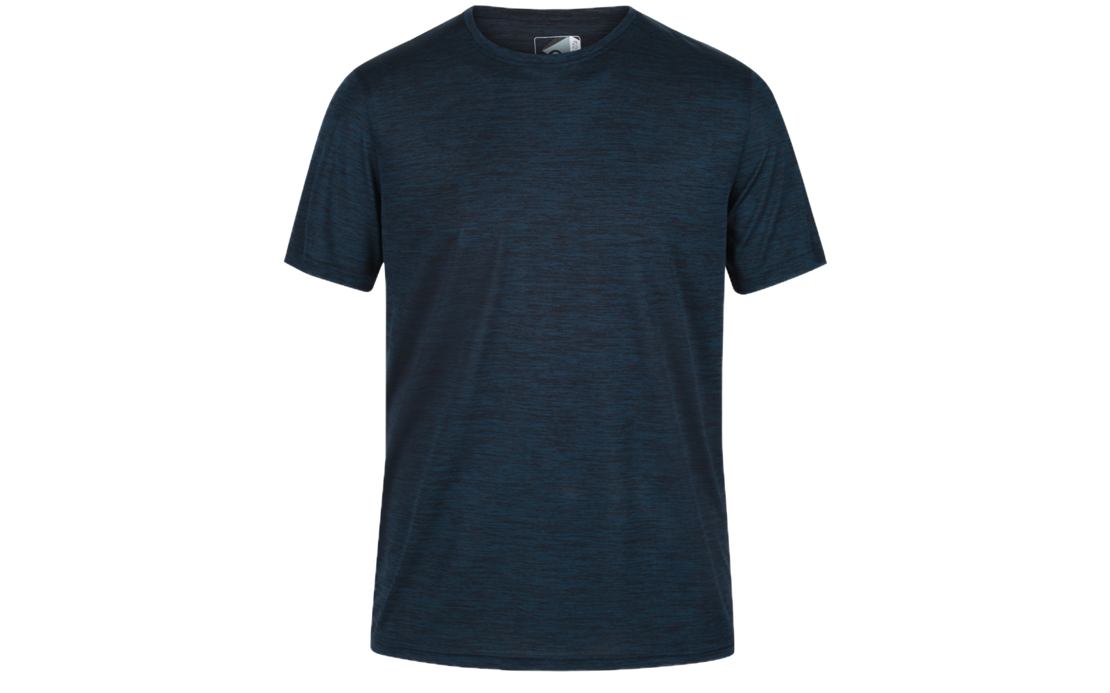 Dunkelblaues kurzärmeliges T‑Shirt mit rundem Halsausschnitt und feiner Melierung vor weißem Hintergrund