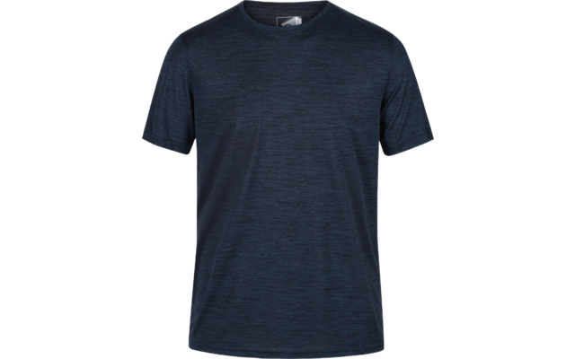 Dark blue short-sleeve T-shirt with crew neck and subtle heathered texture on white background