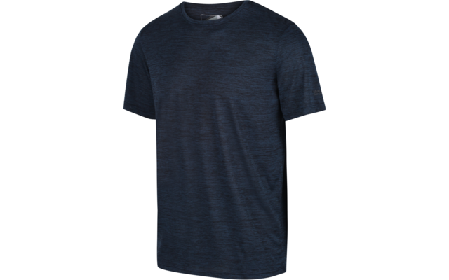 Dunkelblau meliertes T-Shirt mit kurzen Ärmeln und Rundhalsausschnitt auf weißem Hintergrund