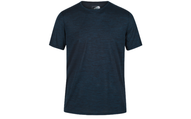 Dunkelblaues kurzärmeliges T‑Shirt mit rundem Halsausschnitt und feiner Melierung vor weißem Hintergrund