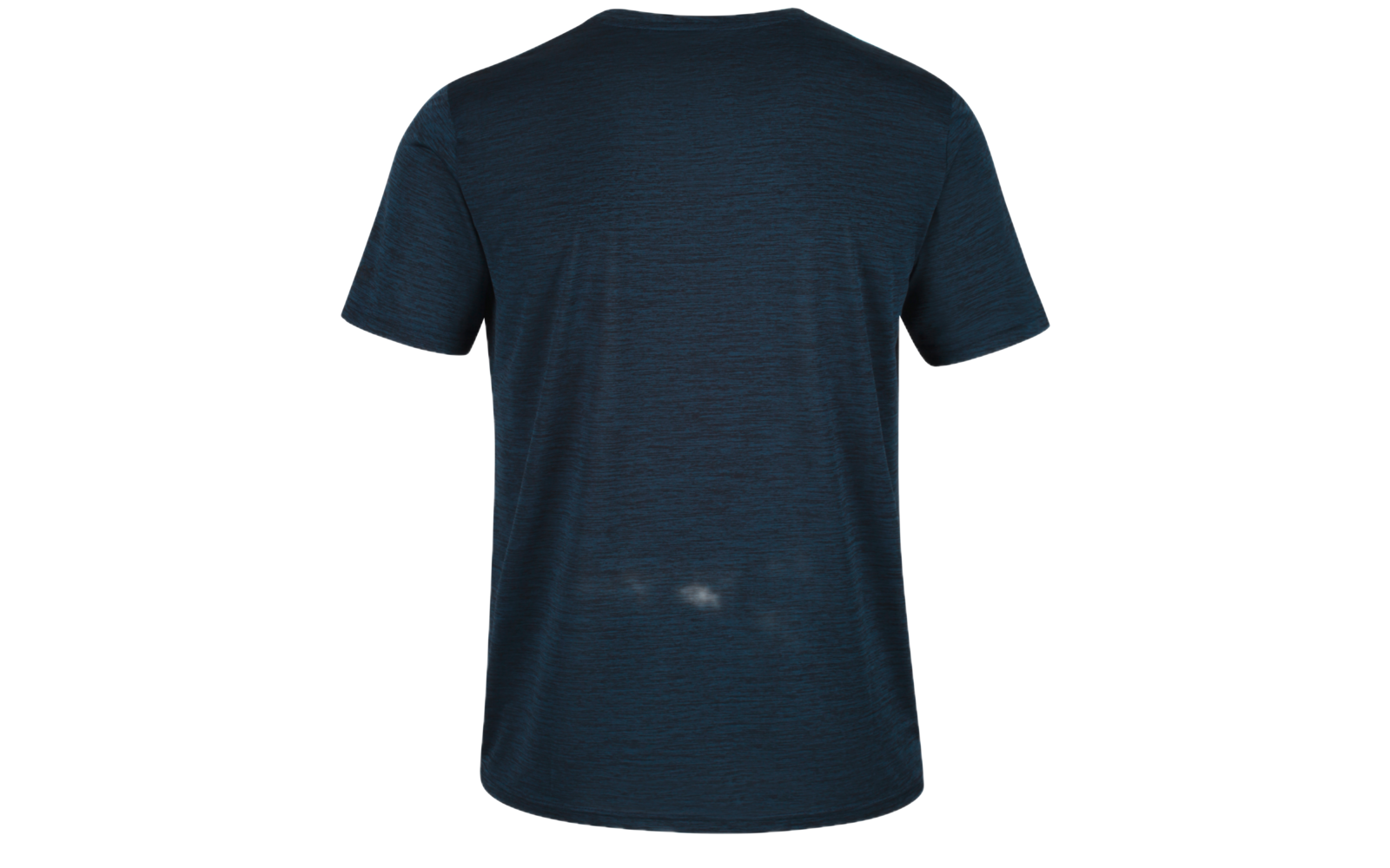 Dunkelblaues Kurzarm-T-Shirt, Rückansicht, auf weißem Hintergrund