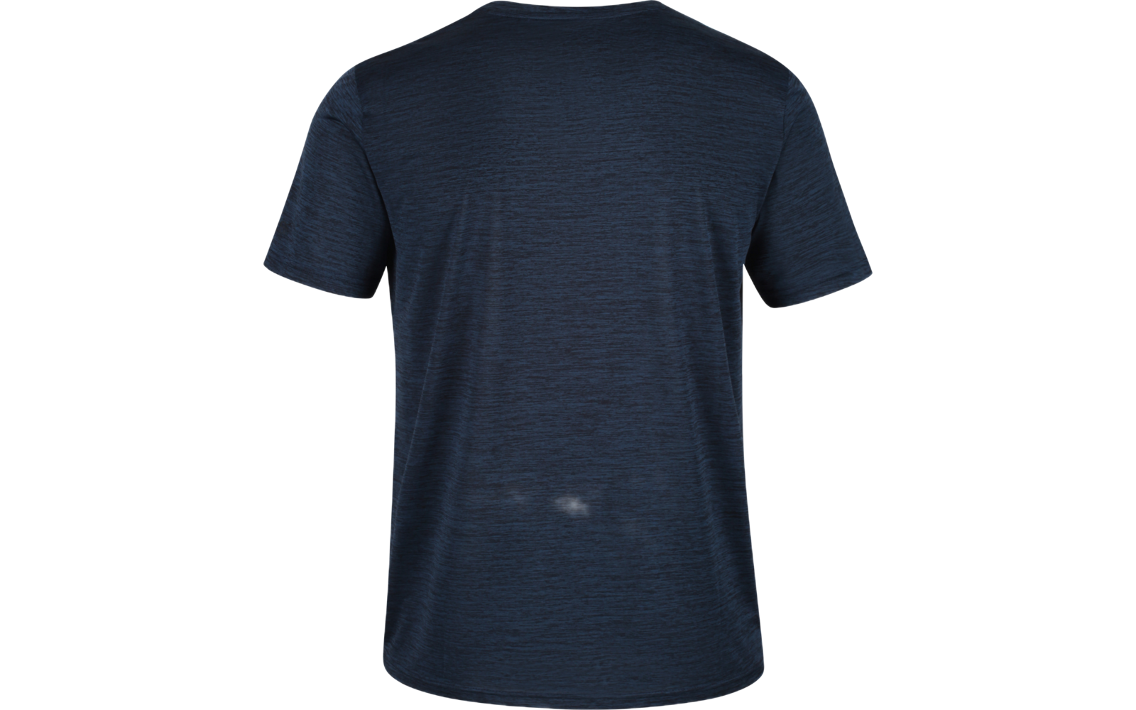 Dark blue short-sleeve T-shirt, back view, on white background