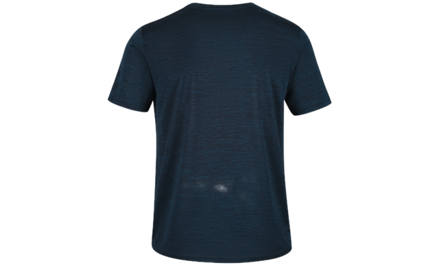 Dunkelblaues Kurzarm-T-Shirt, Rückansicht, auf weißem Hintergrund