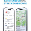 Twee naast elkaar geplaatste smartphones; links een lijstweergave met datums, adressen en pictogrammen; rechts een kaart met een rood locatiepictogram op 'München'; bovenaan blauwe tekst 'FAHRTENBUCH STRECKENBERICHTE'