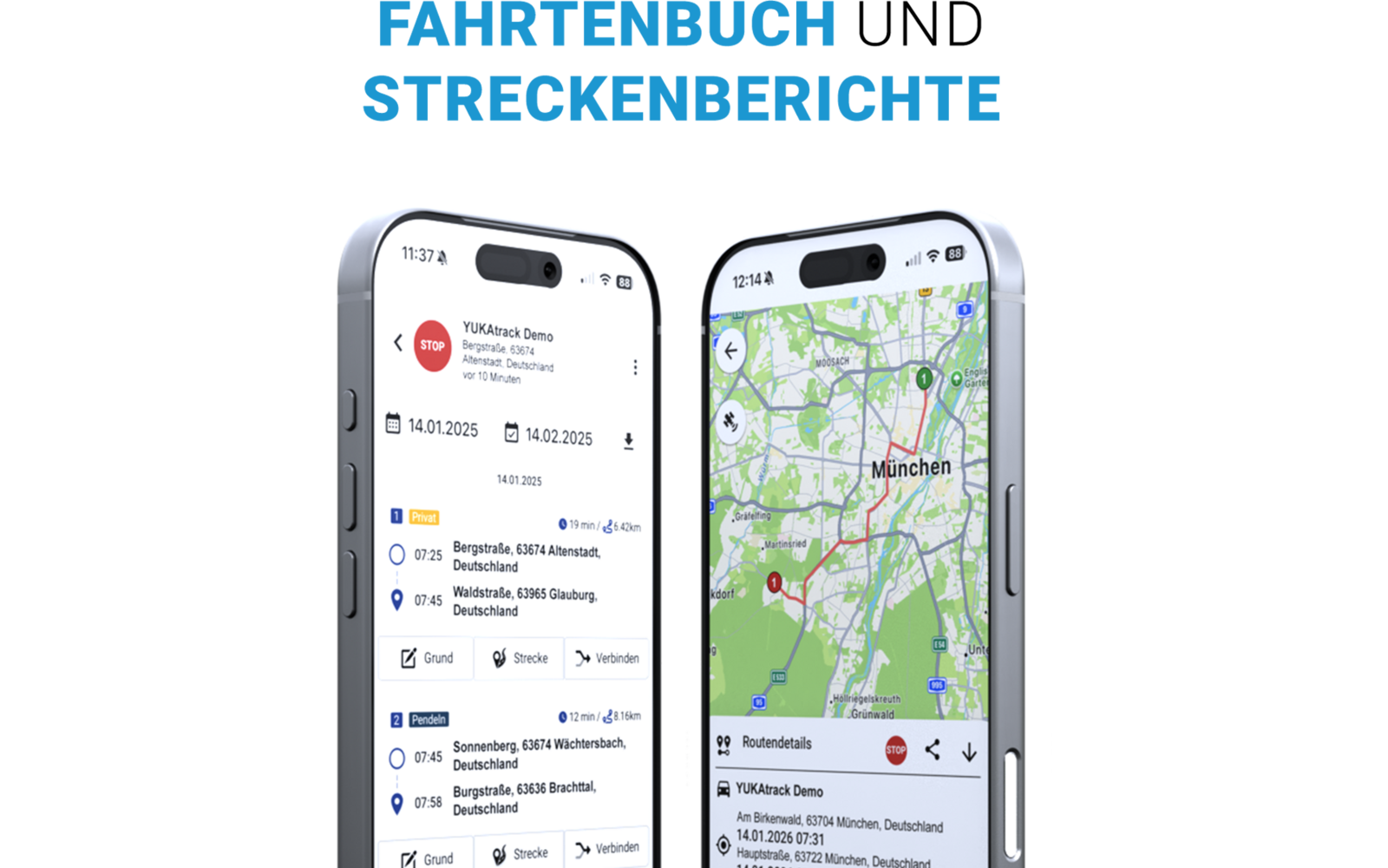 Twee naast elkaar geplaatste smartphones; links een lijstweergave met datums, adressen en pictogrammen; rechts een kaart met een rood locatiepictogram op 'München'; bovenaan blauwe tekst 'FAHRTENBUCH STRECKENBERICHTE'