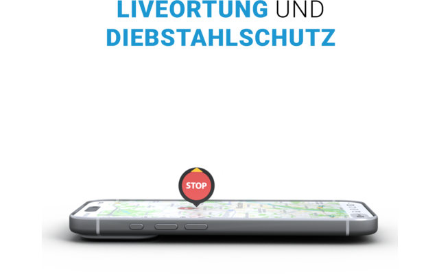 Smartphone ligt plat, scherm toont kaart, rode locatie-pin met de tekst 'STOP' boven het scherm, blauwe tekst 'LIVEORTUNG DIEBSTAHLSCHUTZ' erboven