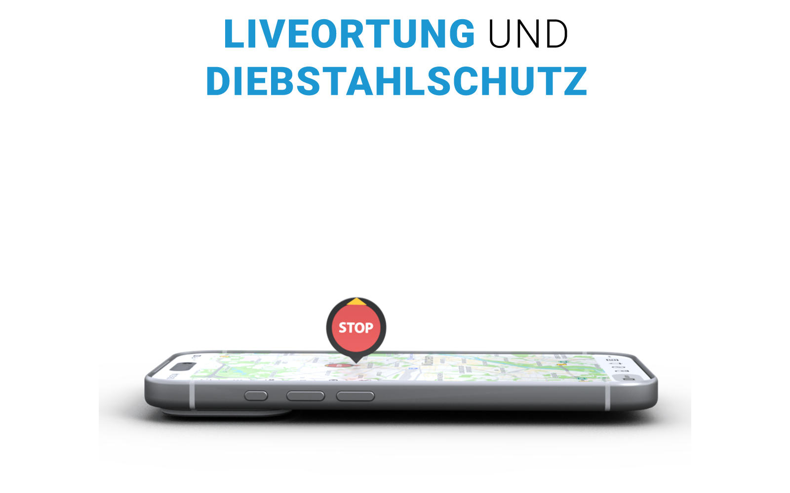 Smartphone ligt plat, scherm toont kaart, rode locatie-pin met de tekst 'STOP' boven het scherm, blauwe tekst 'LIVEORTUNG DIEBSTAHLSCHUTZ' erboven