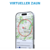 Smartphone-scherm met kaartweergave, een rode cirkel en een rode pin boven de plaatsaanduiding 'München'; boven de telefoon de kop 'VIRTUELLER ZAUN'