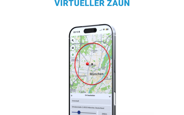 Smartphone-scherm met kaartweergave, een rode cirkel en een rode pin boven de plaatsaanduiding 'München'; boven de telefoon de kop 'VIRTUELLER ZAUN'