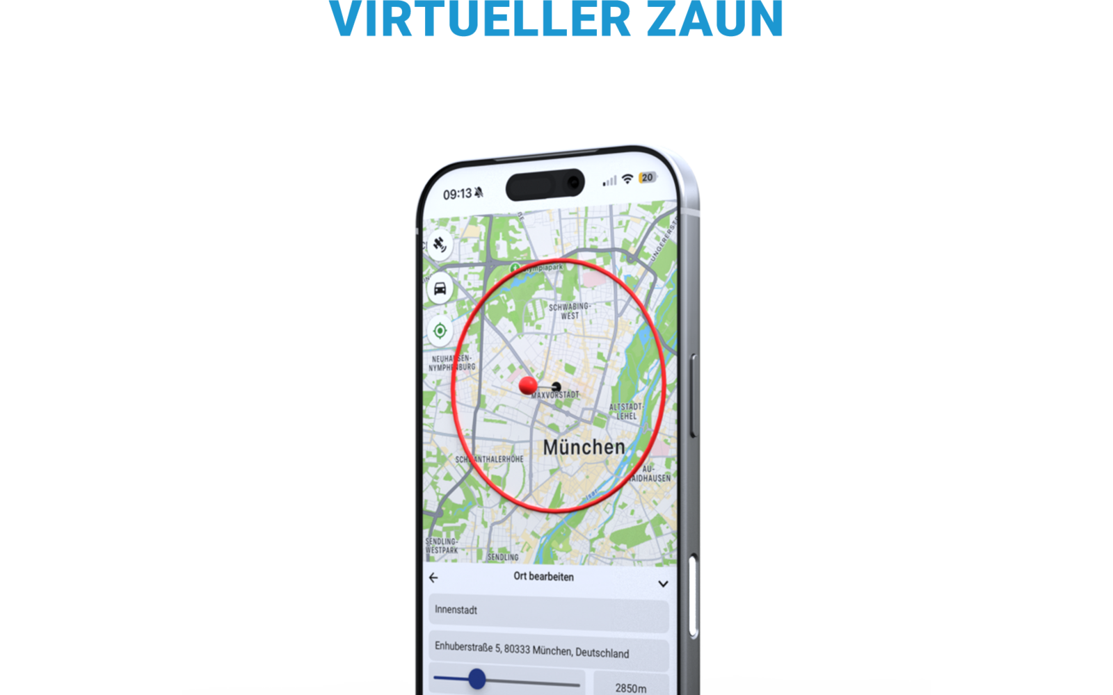 Smartphone-scherm met kaartweergave, een rode cirkel en een rode pin boven de plaatsaanduiding 'München'; boven de telefoon de kop 'VIRTUELLER ZAUN'