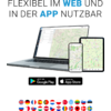 Laptop, smartphone en tablet tonen kaartweergaven; erboven de tekst 'WEB APP'; eronder Google Play- en App Store-pictogrammen; een rij met landsvlaggen