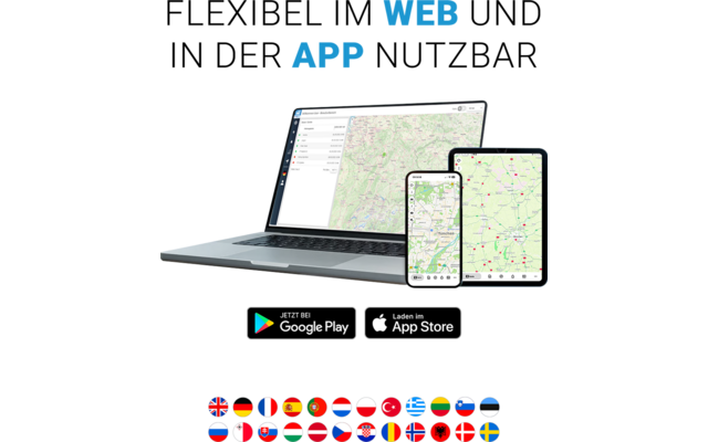 Laptop, smartphone en tablet tonen kaartweergaven; erboven de tekst 'WEB APP'; eronder Google Play- en App Store-pictogrammen; een rij met landsvlaggen