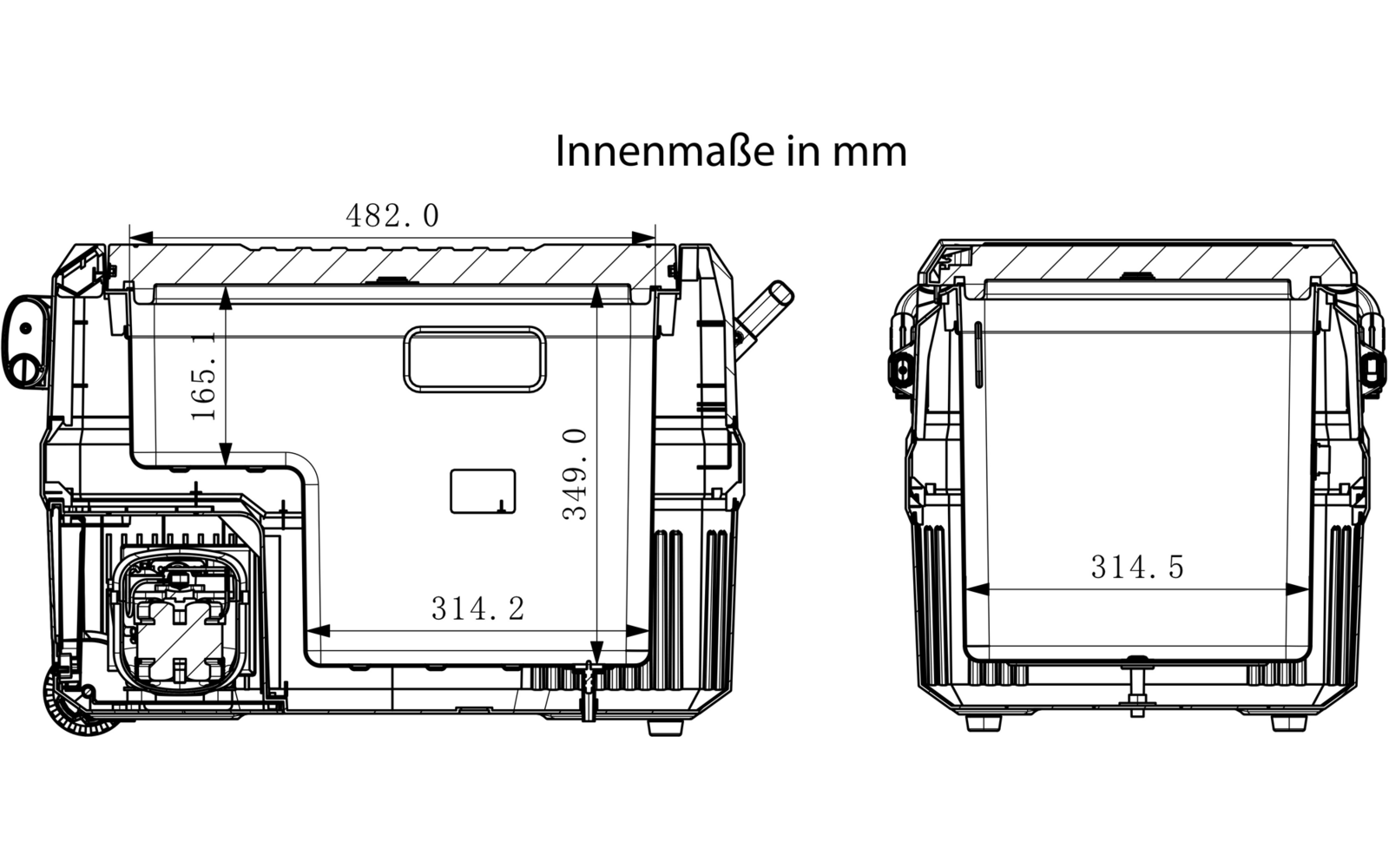 Zwart-witte technische tekening met twee aanzichten van een rechthoeking object, links zijaanzicht met een rechthoekige uitsparing en afgeronde details, rechts vooraanzicht. Maatlijnen en cijfers in millimeters (bijv. 482.0, 165.1, 314.2, 349.0, 314.5). Bovenaan de tekst 'Innenmaße in mm'