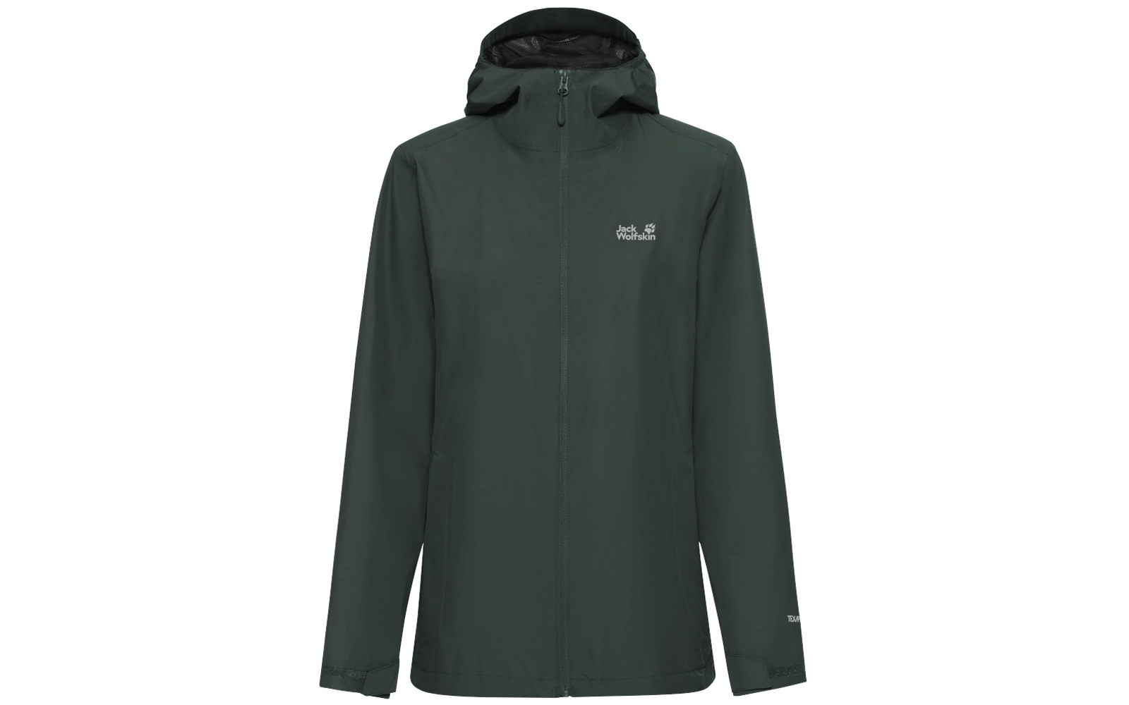 Donkergroene jas met capuchon, rits over de volledige lengte en klein wit logo op de borst