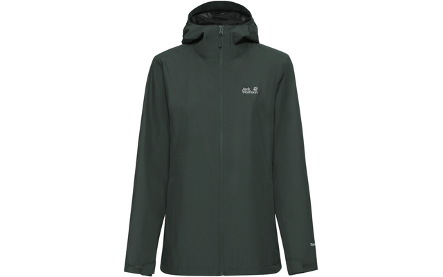 Donkergroene jas met capuchon, rits over de volledige lengte en klein wit logo op de borst