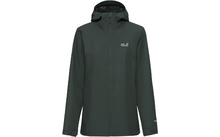 Donkergroene jas met capuchon, rits over de volledige lengte en klein wit logo op de borst
