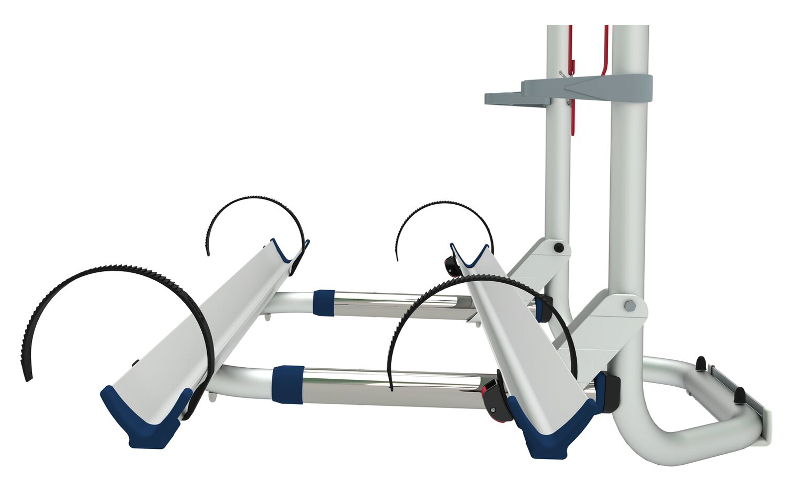 Cadre métallique argenté avec deux rails horizontaux, embouts en plastique bleus, sangles noires courbées sur les rails, tubes verticaux avec une sangle rouge, fond blanc