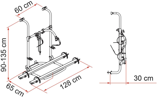Dessin technique en noir et blanc d’un support avec deux rails parallèles, une tige verticale, crochets et sangles; dimensions 128 cm, 65 cm, 60 cm, 90–135 cm, 30 cm