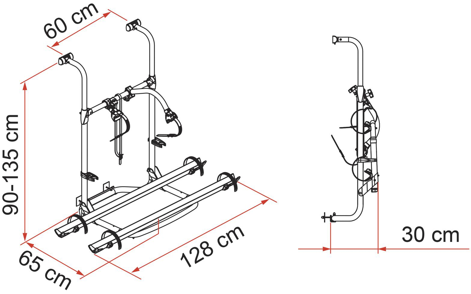 Dessin technique en noir et blanc d’un support avec deux rails parallèles, une tige verticale, crochets et sangles; dimensions 128 cm, 65 cm, 60 cm, 90–135 cm, 30 cm