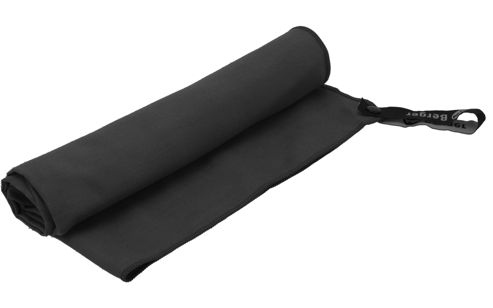 Schwarzes, aufgerolltes Tuch mit angenähtem Band und Kunststoffkarabiner