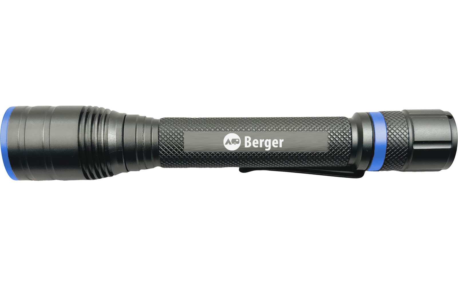 Schwarze Taschenlampe mit weißem 'Berger'-Logo, blauen Ringen und geriffeltem Griff