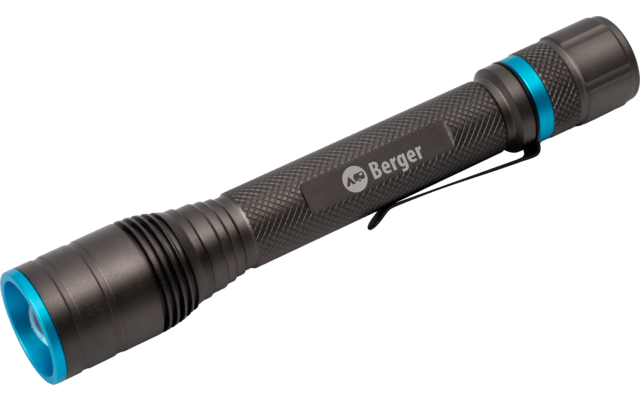 Schwarze Taschenlampe mit blauem Rand, strukturierter Griff, Metallclip und Berger-Logo