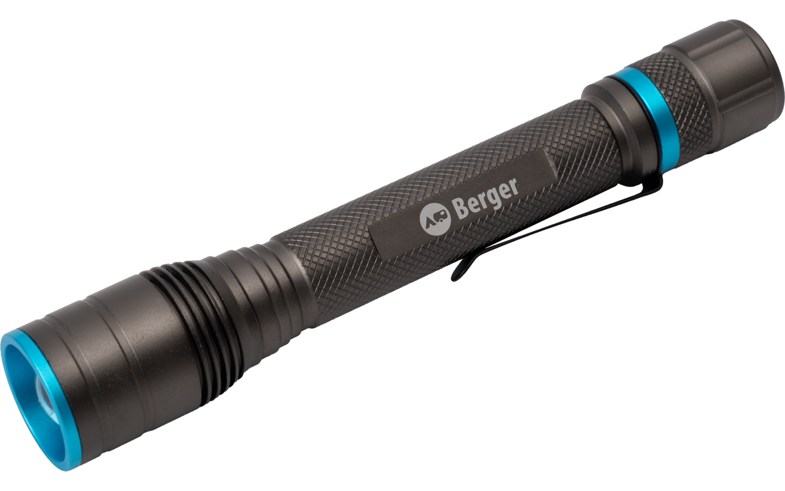 Schwarze Taschenlampe mit blauem Rand, strukturierter Griff, Metallclip und Berger-Logo