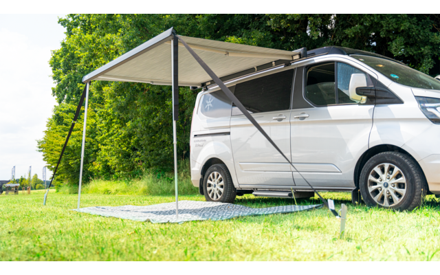 Weißer Campingbus mit ausgefahrener Markise, Bodenmatte auf Gras, Bäume im Hintergrund
