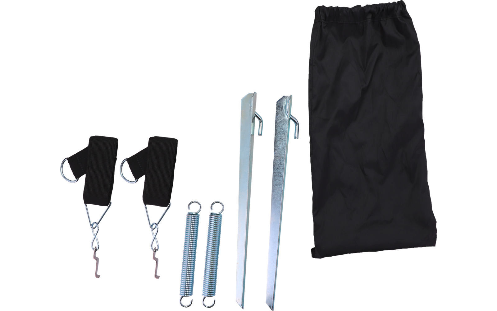 Zwei lange Metallpflöcke, zwei Metallfedern, zwei schwarze Gurte mit Metallhaken und kurzen Schnüren sowie eine schwarze Aufbewahrungstasche