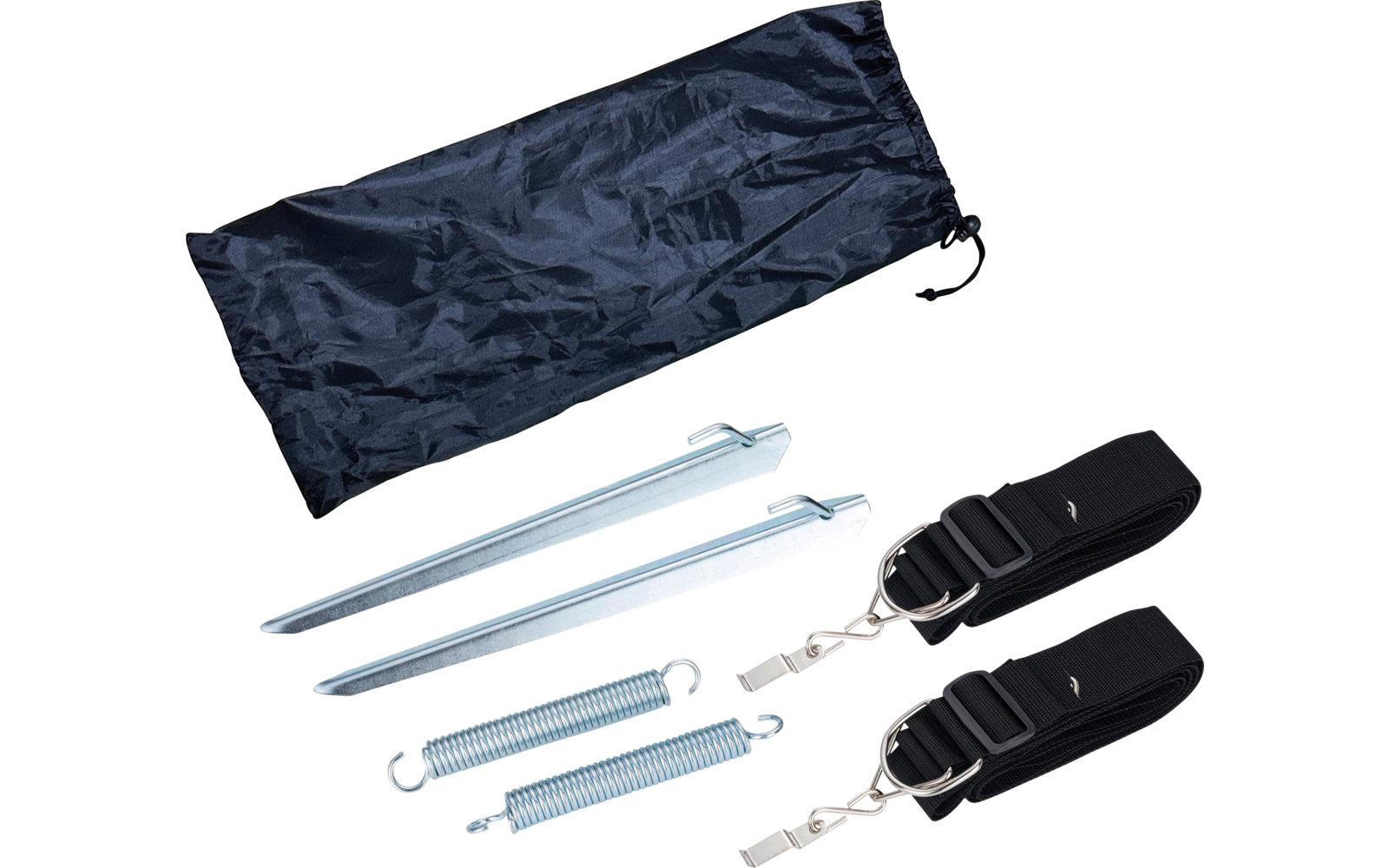 Dunkelblauer Stoffsack, zwei silberne Metallheringe, zwei Metallfedern und zwei schwarze Gurte mit Metallhaken