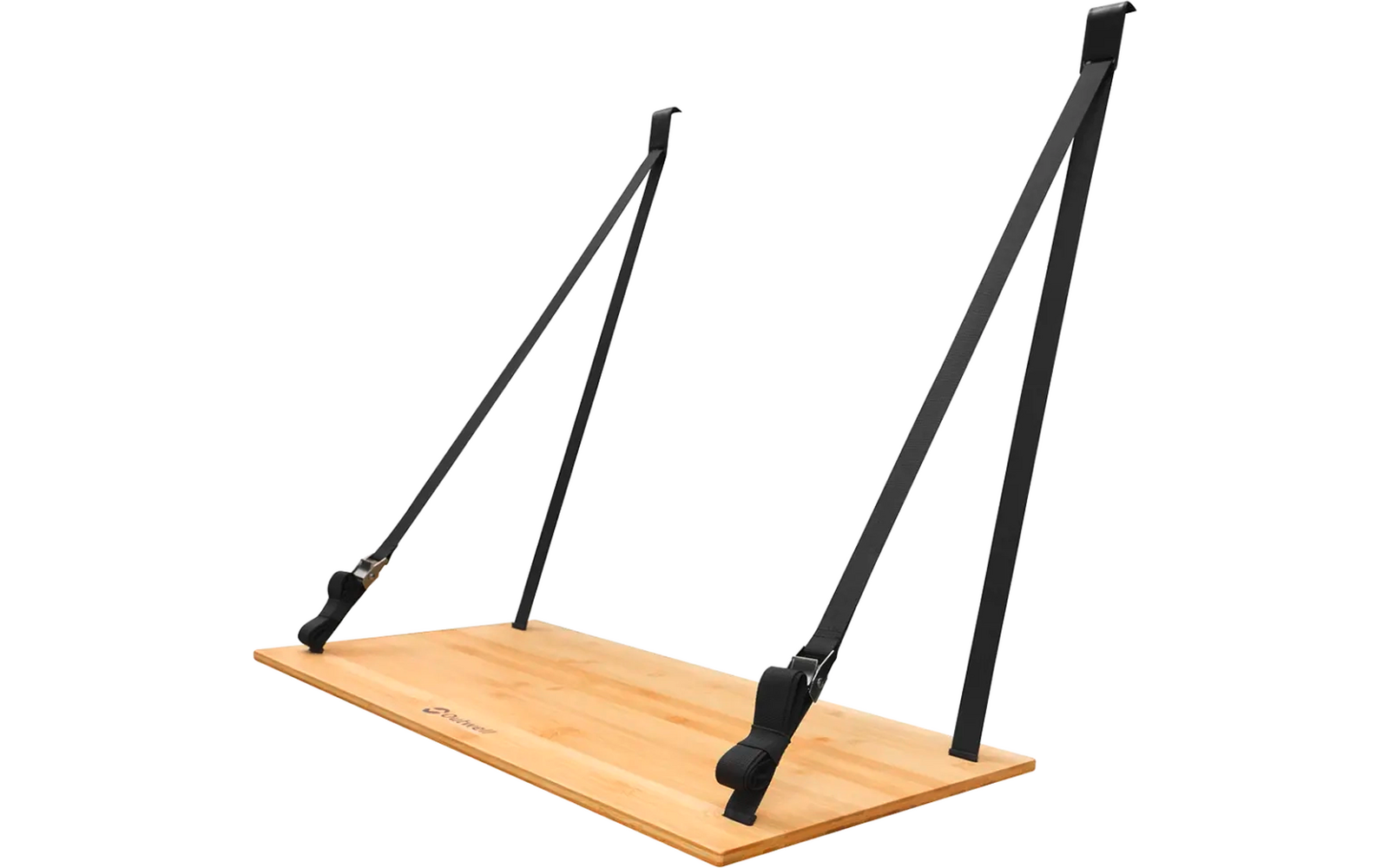 Holzbrett mit zwei schwarzen Gurten, die nach oben gespannt sind